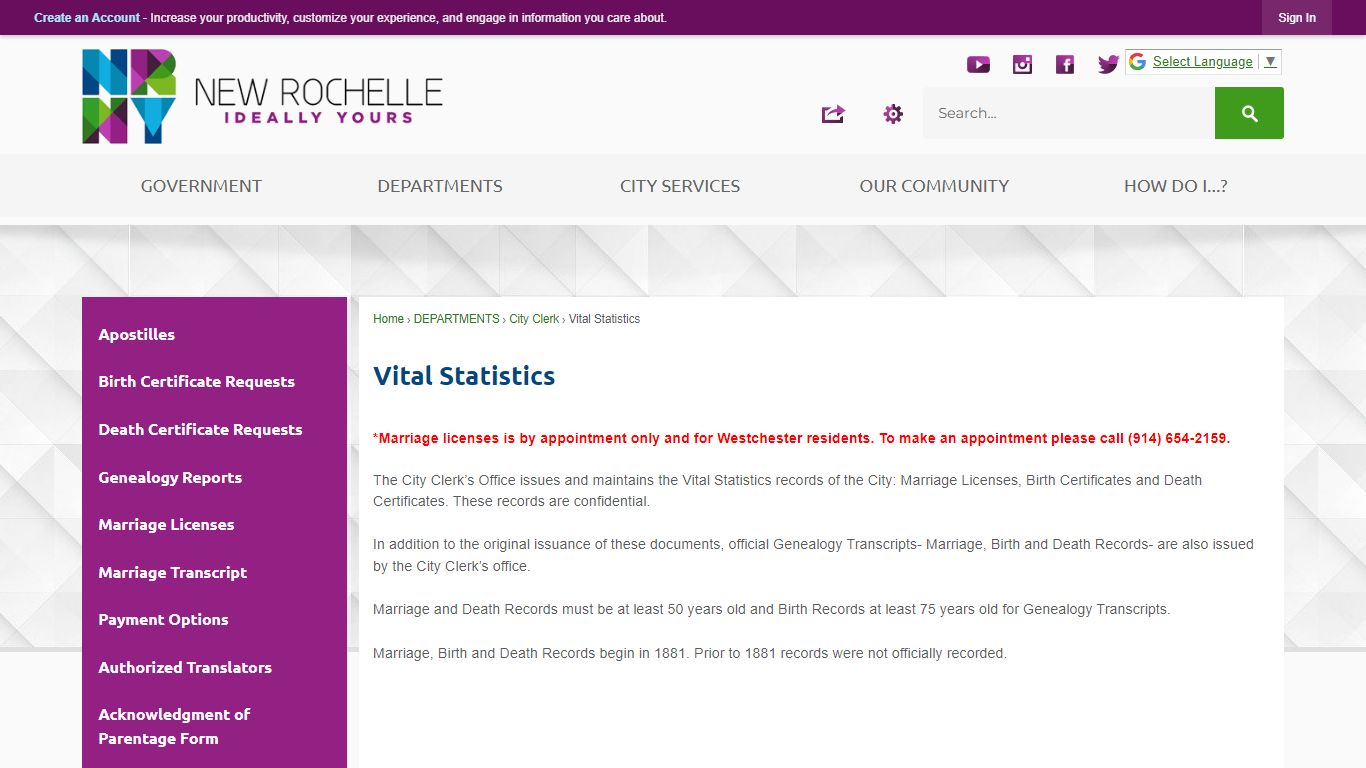 Vital Statistics | New Rochelle, NY